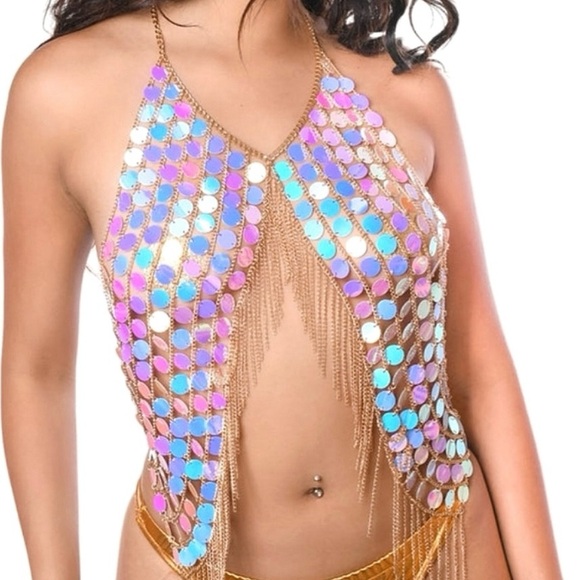 Pink Sequins Tassel Holographic Crystal Bra Sparkly Body Chain Rave Boho Outfit - Picture 2 of 4